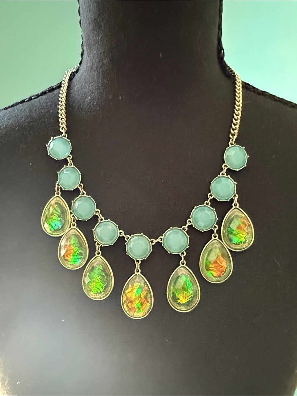 ✨ Iridescent Faux Opal & Aqua Teardrop Statement Necklace & Earring Set